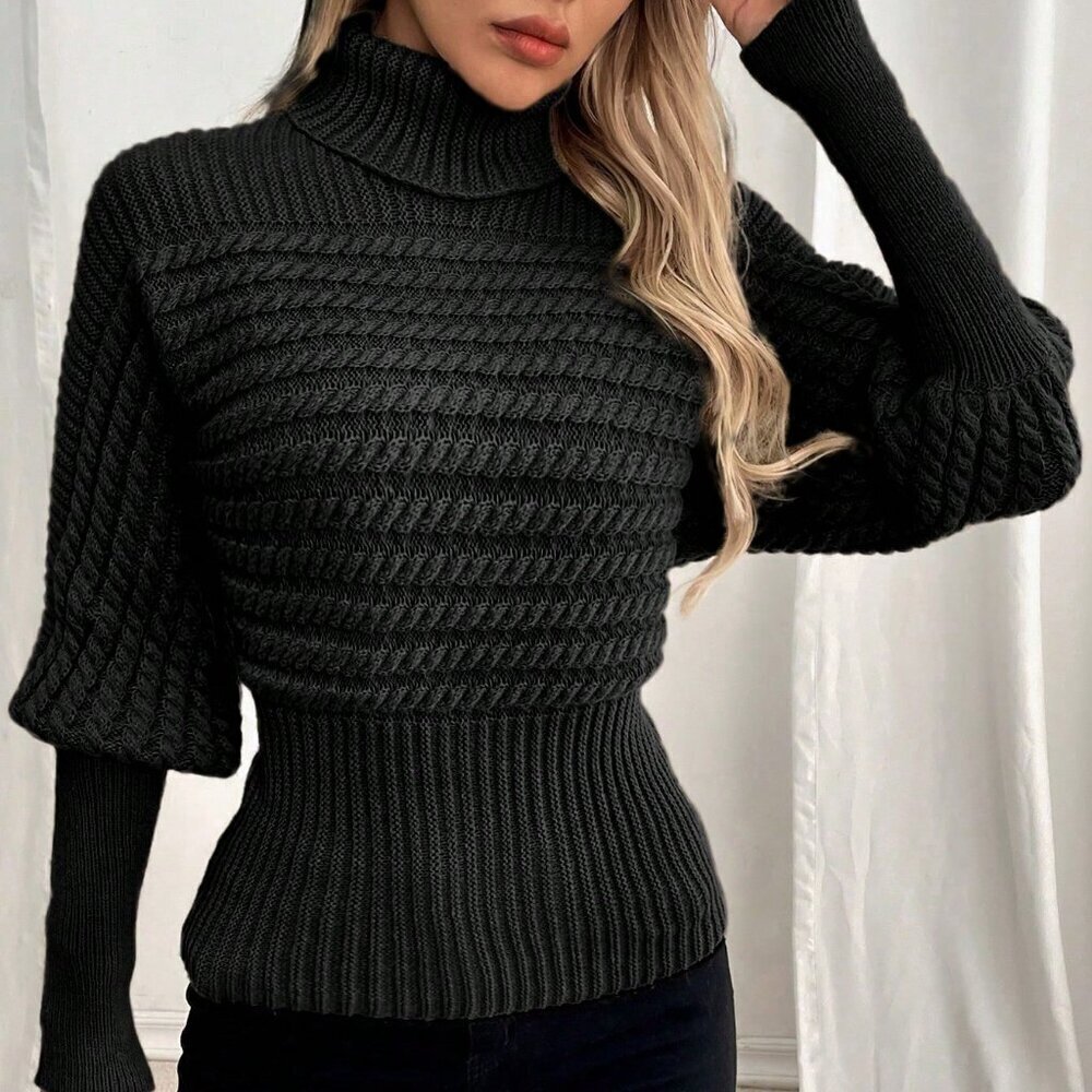 Black High Collar Cable Knit Women's Sweater